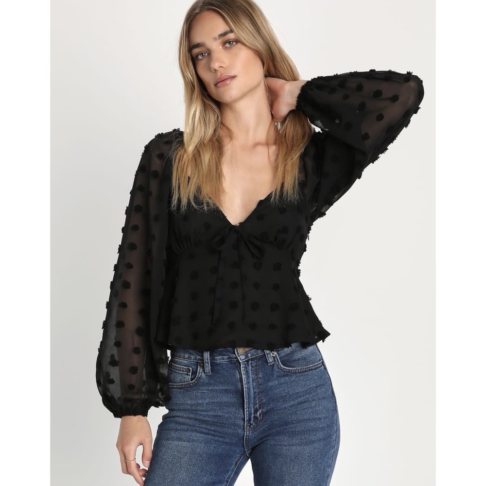Lulu's Blouse XL‎ Cropped Black Clip Dot Balloon Sleeves Halter Babydoll #AA9-1